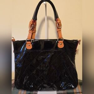 CAVALCANTI Black Patent Leather Tote with Tan Leather And Gold Accents